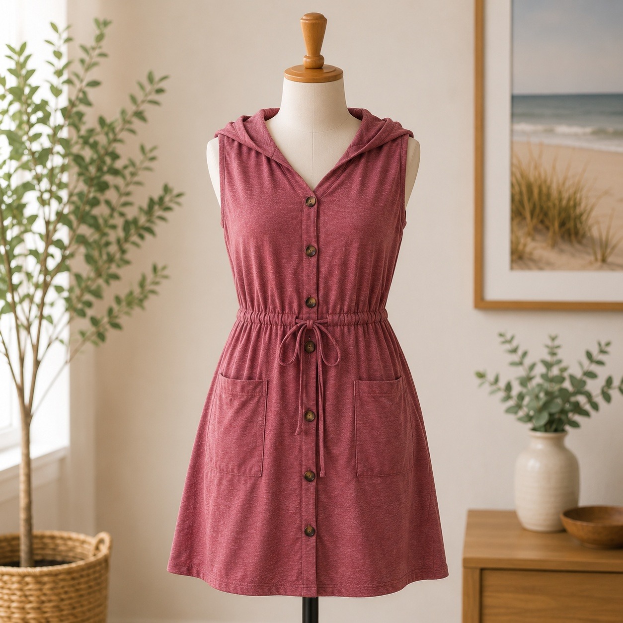 Nwt Cupshe Button Down Dress Womens Xl Burgundy Drawstring Waist Pockets Casual
